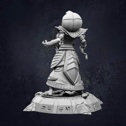 A 3D rendering of a character with a helmet and ornate armor, standing on a platform with various symbols and text.