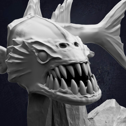 A close-up view of a large, menacing-looking fish sculpture with sharp teeth and a menacing expression.