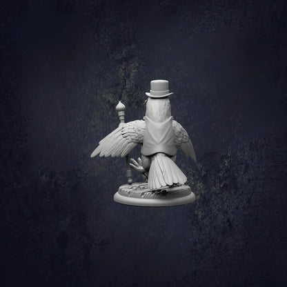 A white bird statue with a top hat and a small bird perched on its back, set against a dark background.