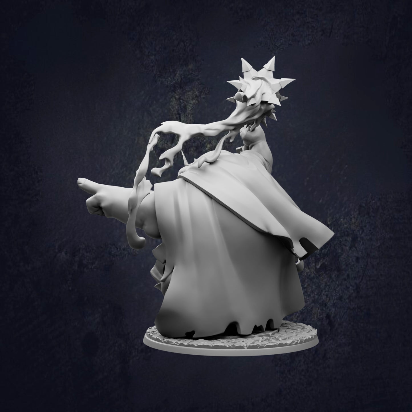 A 3D rendering of a fantastical creature with a large head and sharp teeth, standing on a pedestal against a dark background.