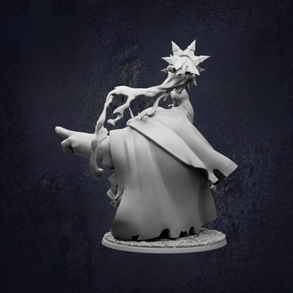 A 3D rendering of a fantastical creature with a large head and sharp teeth, standing on a pedestal against a dark background.