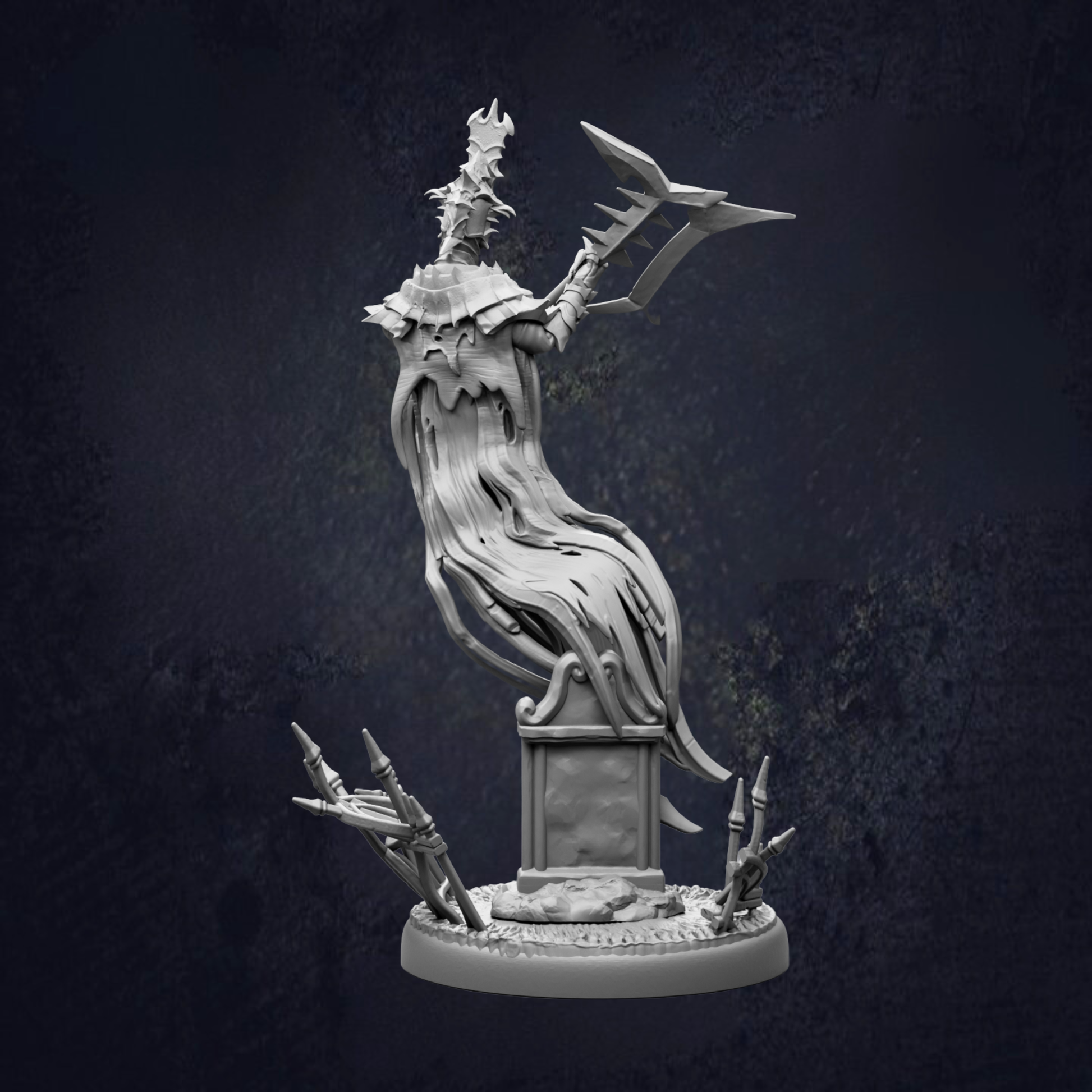 A 3D rendering of a fantastical creature with a long, flowing, and intricate tail, standing on a pedestal and holding a weapon.