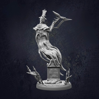 A 3D rendering of a fantastical creature with a long, flowing, and intricate tail, standing on a pedestal and holding a weapon.