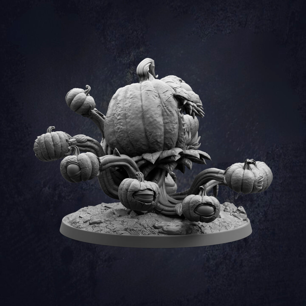 A detailed 3D rendering of a pumpkin-like creature with multiple pumpkin-like elements attached to it, set against a dark background.