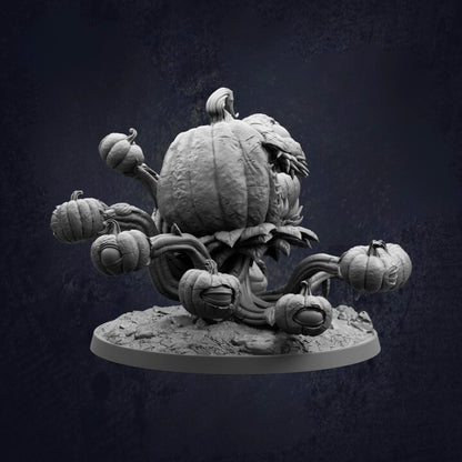 A detailed 3D rendering of a pumpkin-like creature with multiple pumpkin-like elements attached to it, set against a dark background.