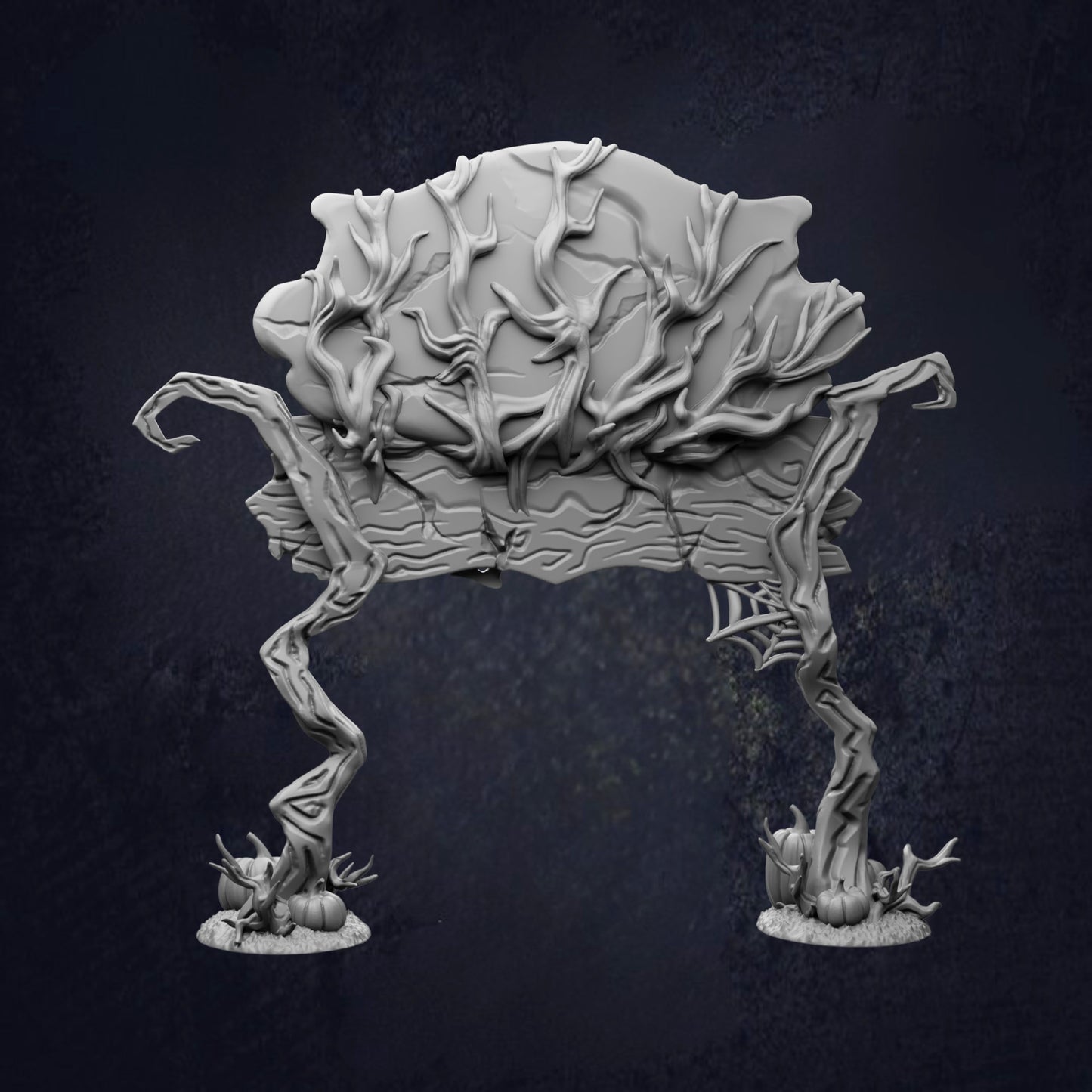 A 3D rendering of a fantastical, organic-looking creature with intricate, twisted branches and a large, bulbous head.