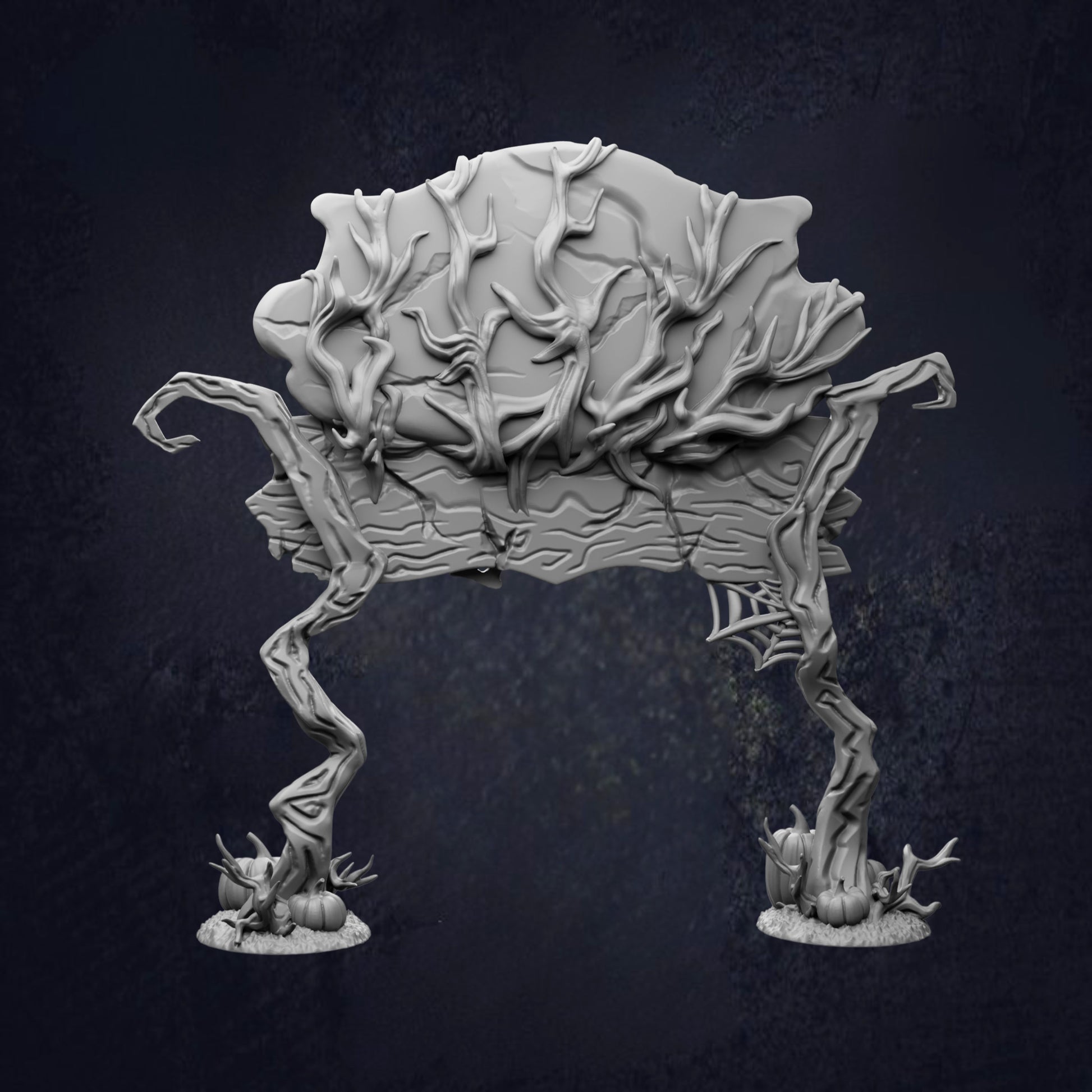 A 3D rendering of a fantastical, organic-looking creature with intricate, twisted branches and a large, bulbous head.