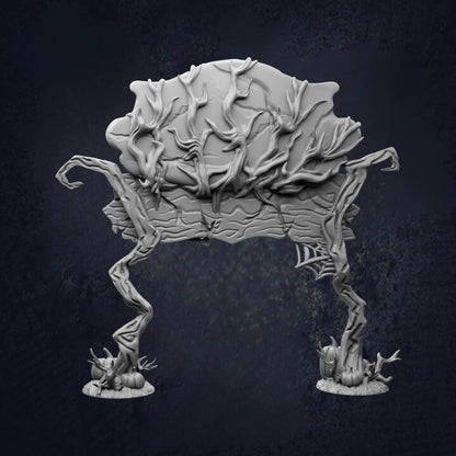 A 3D rendering of a fantastical, organic-looking creature with intricate, twisted branches and a large, bulbous head.
