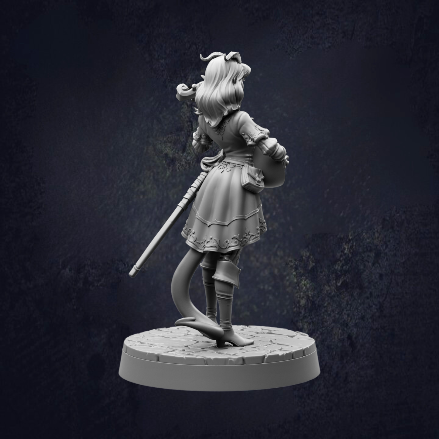 A 3D model of a female character with long hair and a flowing dress, holding a weapon and standing on a pedestal.