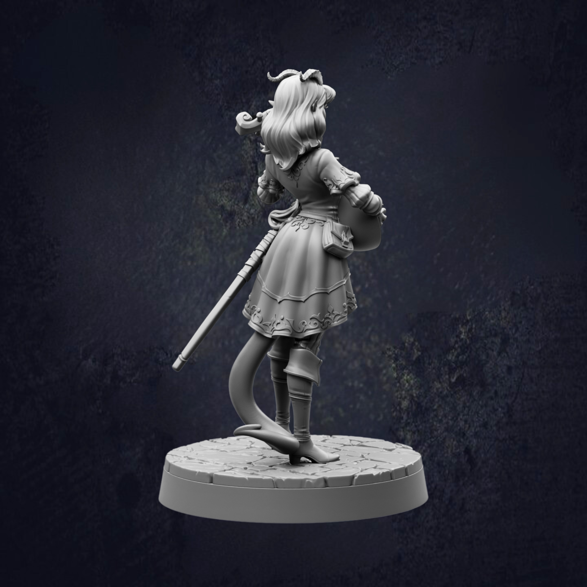 A 3D model of a female character with long hair and a flowing dress, holding a weapon and standing on a pedestal.