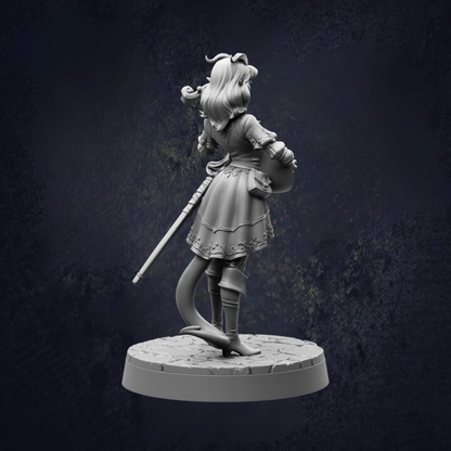 A 3D model of a female character with long hair and a flowing dress, holding a weapon and standing on a pedestal.