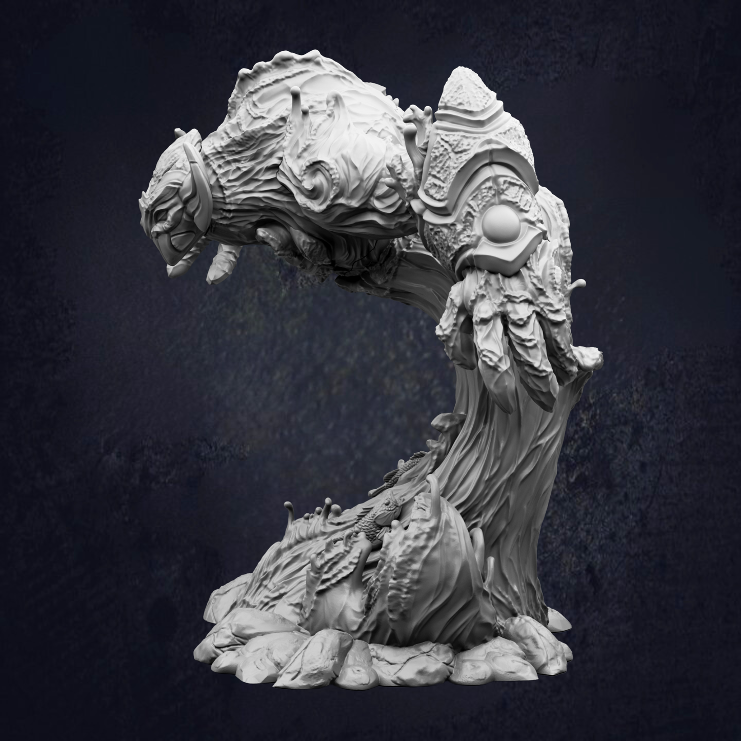 A detailed, intricate, and fantastical sculpture depicting a large, organic-looking creature with a complex, textured design.