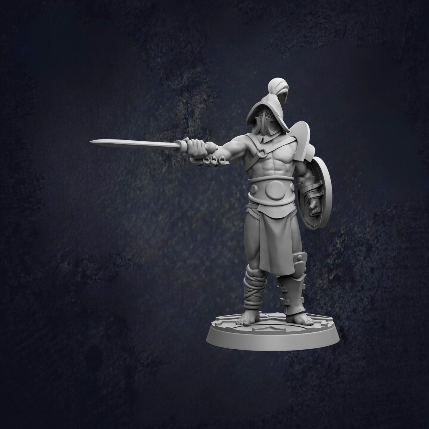 A 3D model of a warrior figure holding a sword and shield, standing on a base against a dark background.