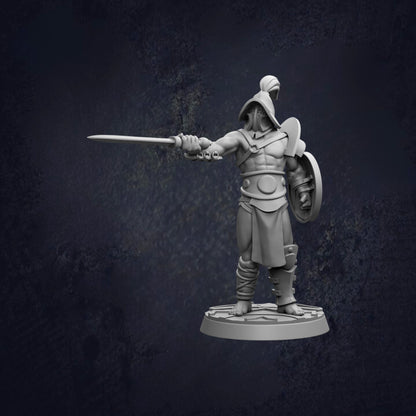 A 3D model of a warrior figure holding a sword and shield, standing on a base against a dark background.