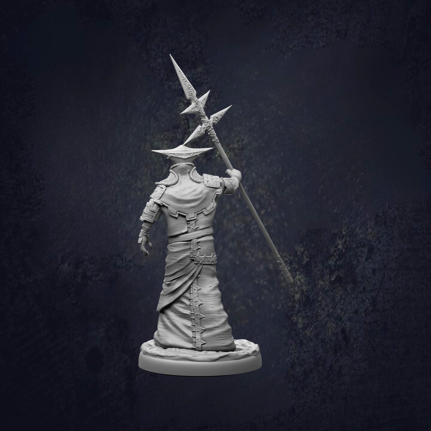 A statue of a person holding a spear and a shield, standing in a dark, moody setting.