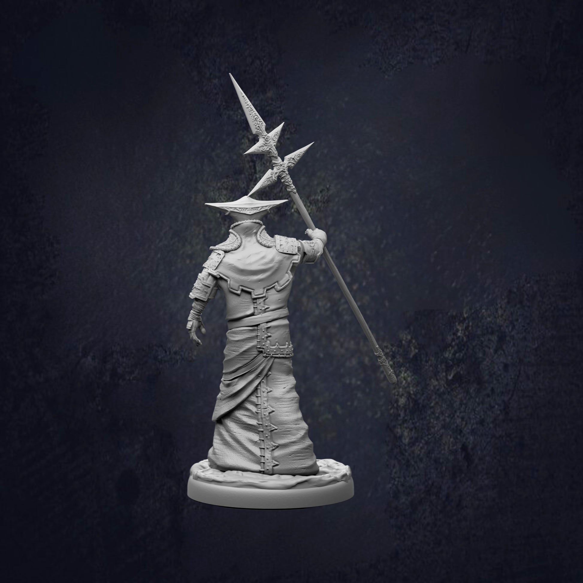 A statue of a person holding a spear and a shield, standing in a dark, moody setting.
