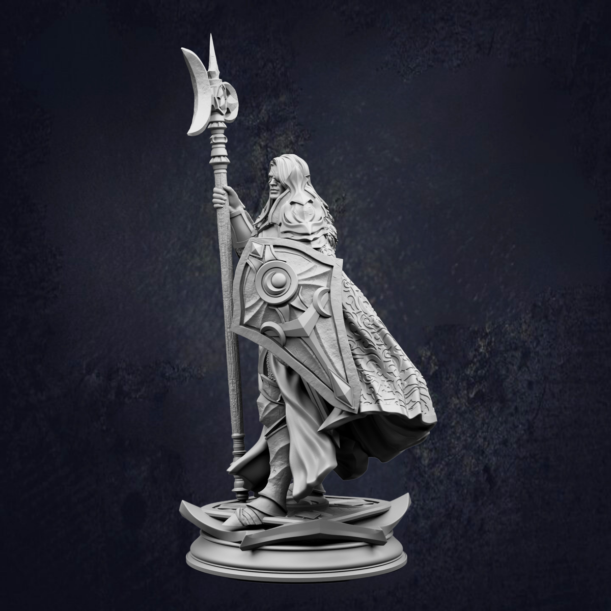 A detailed 3D model of a warrior figure holding a spear and shield, standing on a platform against a dark background.