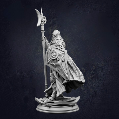 A detailed 3D model of a warrior figure holding a spear and shield, standing on a platform against a dark background.