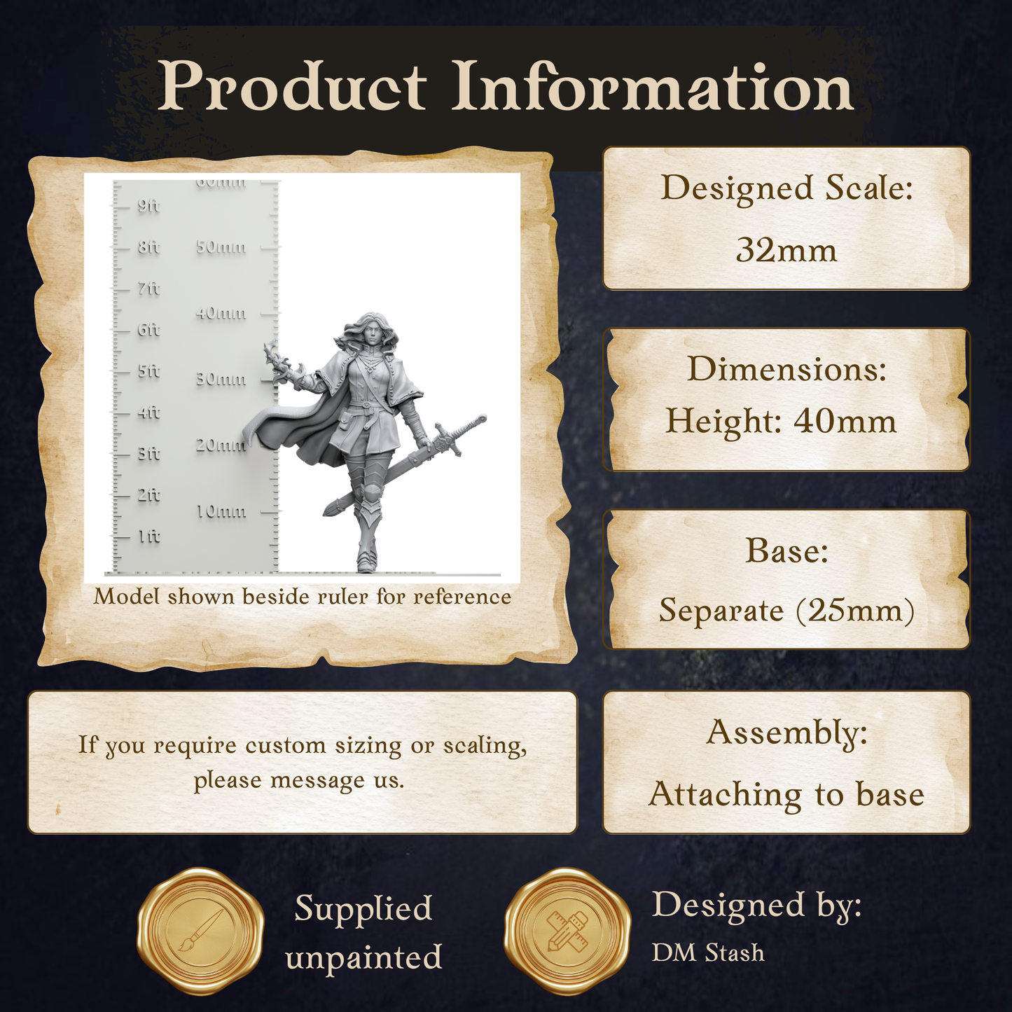 The image is a product information graphic that provides details about a model shown beside a ruler for reference. It includes dimensions, a base, and assembly instructions.