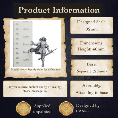 The image is a product information graphic that provides details about a model shown beside a ruler for reference. It includes dimensions, a base, and assembly instructions.
