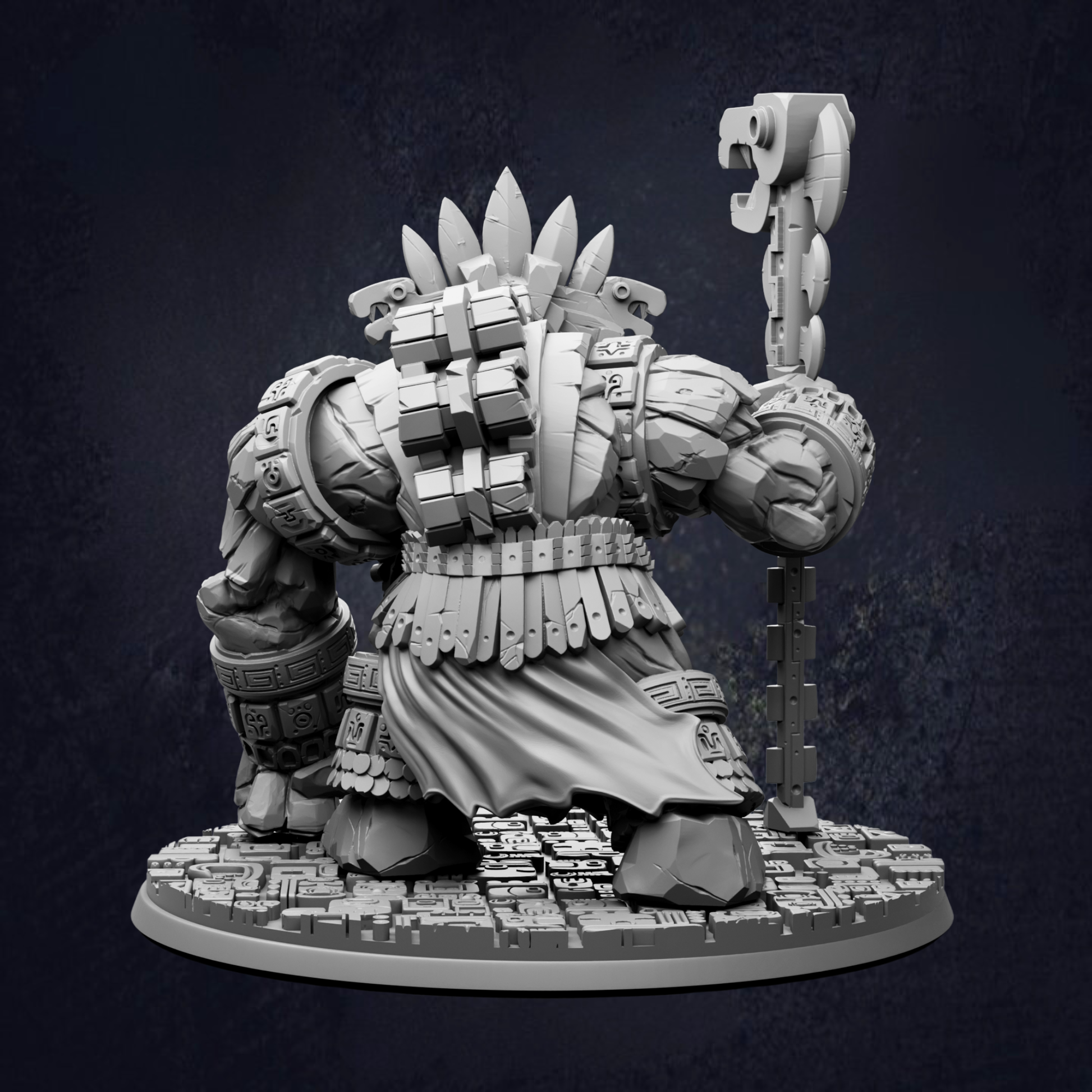 A detailed 3D model of a fantastical creature, possibly a dragon or monster, standing on a platform and holding a staff or staff-like object.