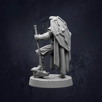A 3D model of a knight in armor, holding a shield and sword, standing on a platform against a dark background.