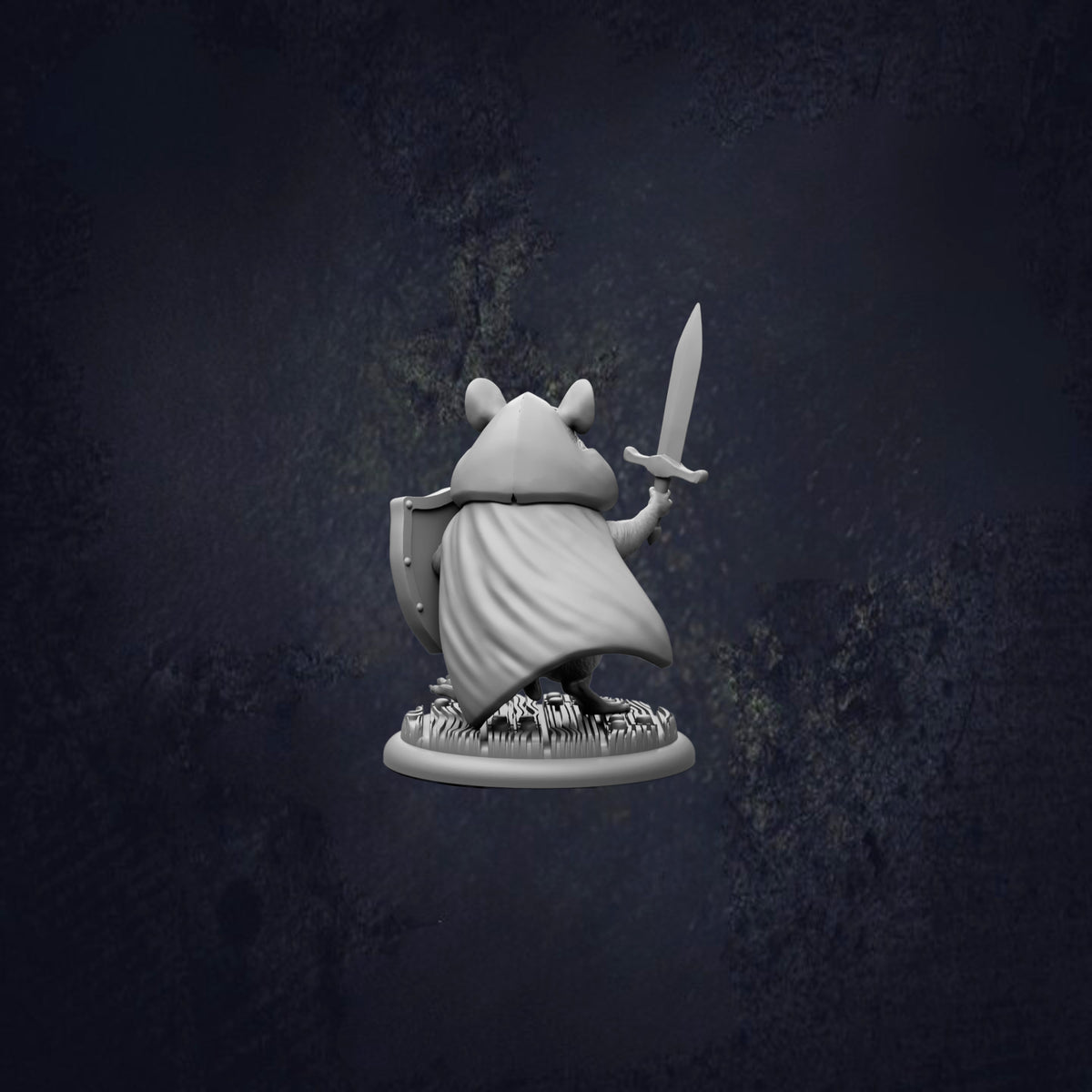 A white figurine of a person holding a sword and shield, standing on a base with a dark background.