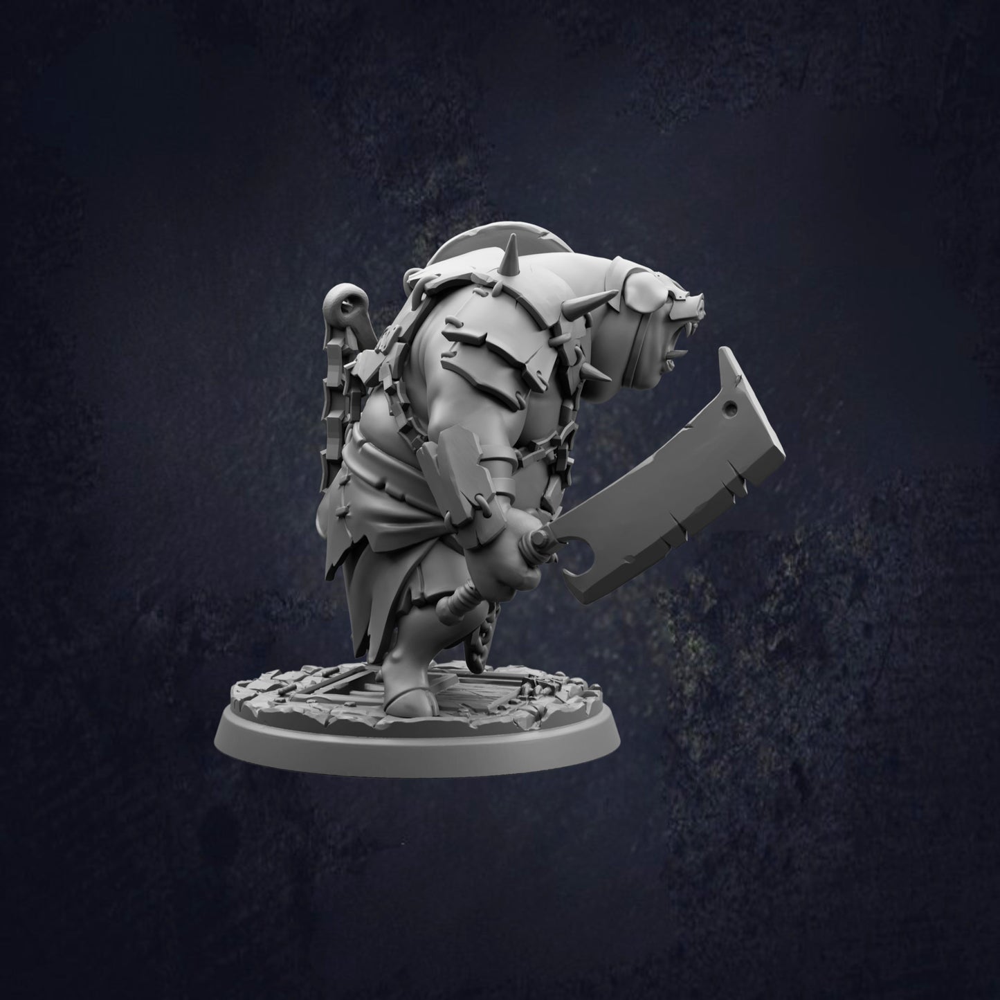 A 3D rendering of a heavily armored and armed fantasy character, possibly a dragon or monster, standing on a base and holding a large weapon.
