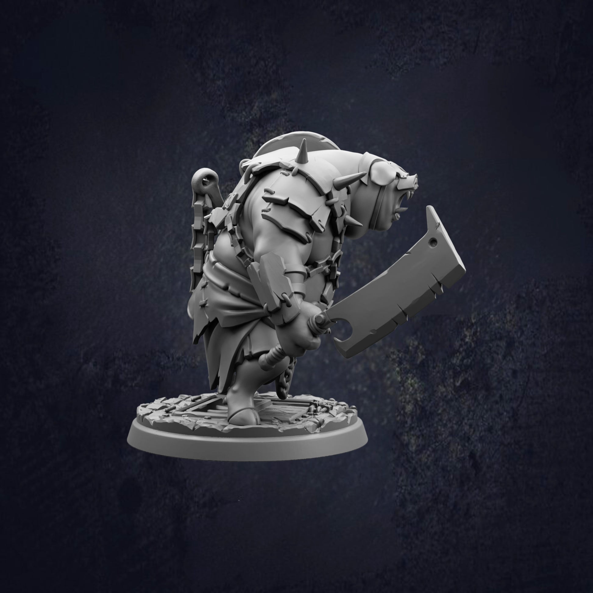 A 3D rendering of a heavily armored and armed fantasy character, possibly a dragon or monster, standing on a base and holding a large weapon.