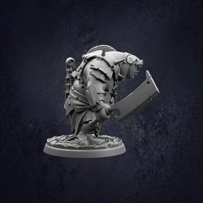 A 3D rendering of a heavily armored and armed fantasy character, possibly a dragon or monster, standing on a base and holding a large weapon.