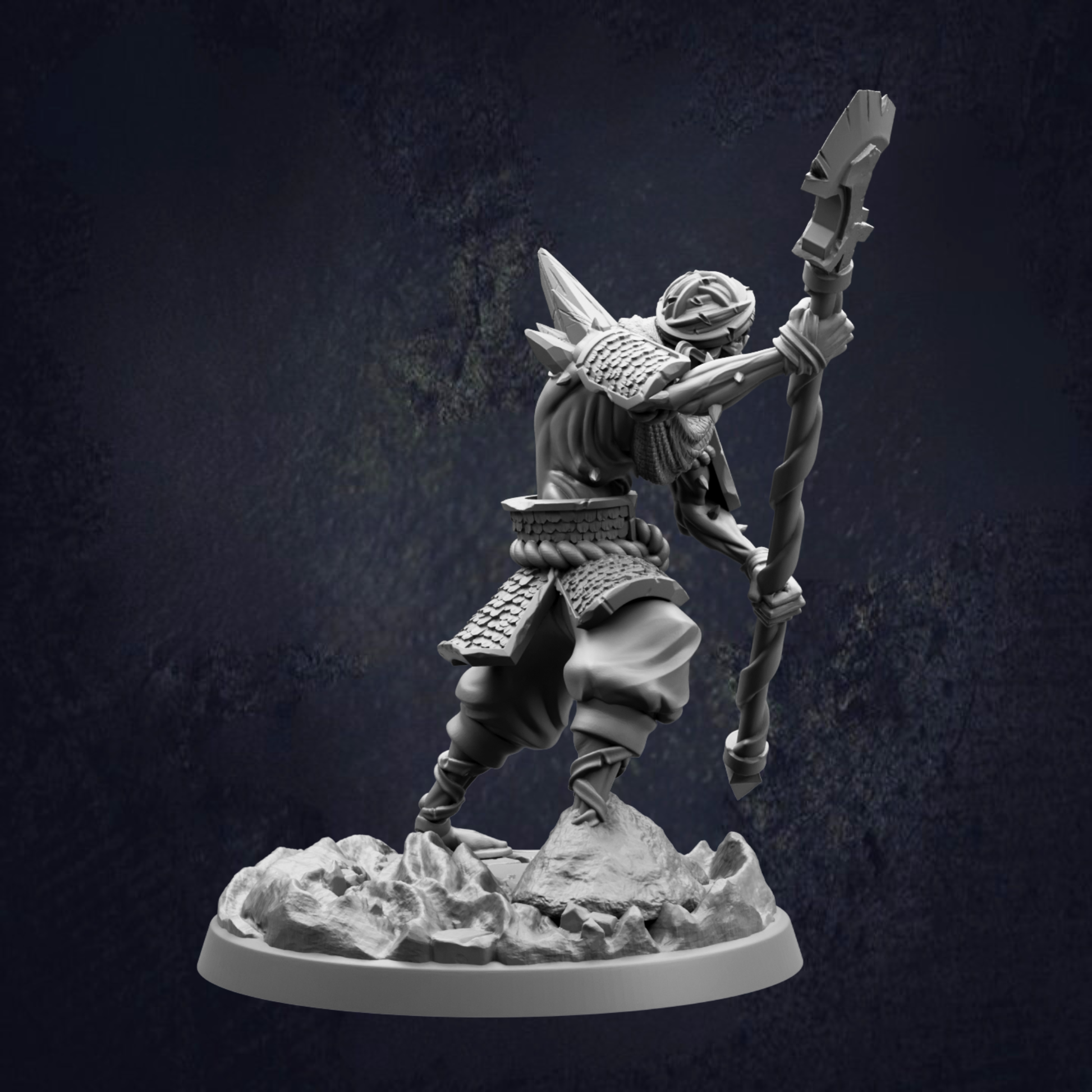 A 3D model of a warrior figure holding a spear and standing on a rocky base against a dark background.