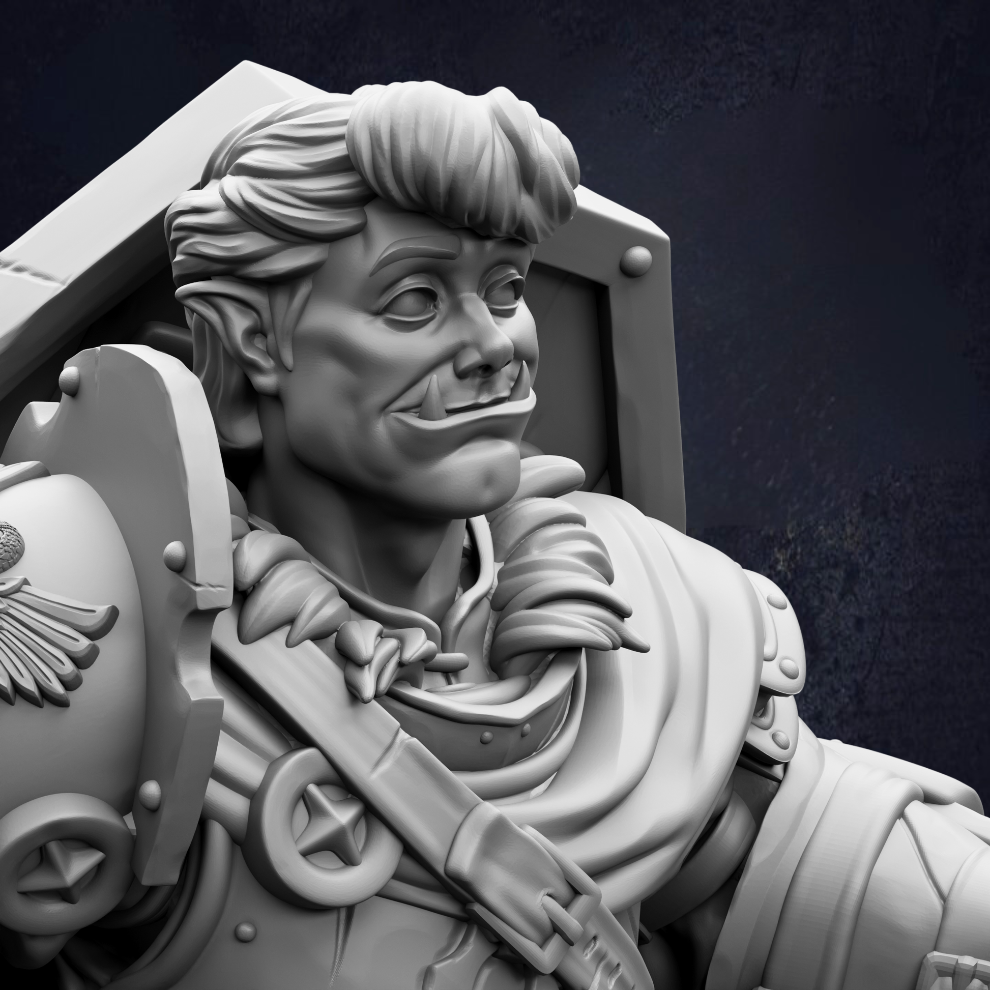 A detailed 3D rendering of a character with a mustache and a serious expression, wearing a helmet and carrying a shield.