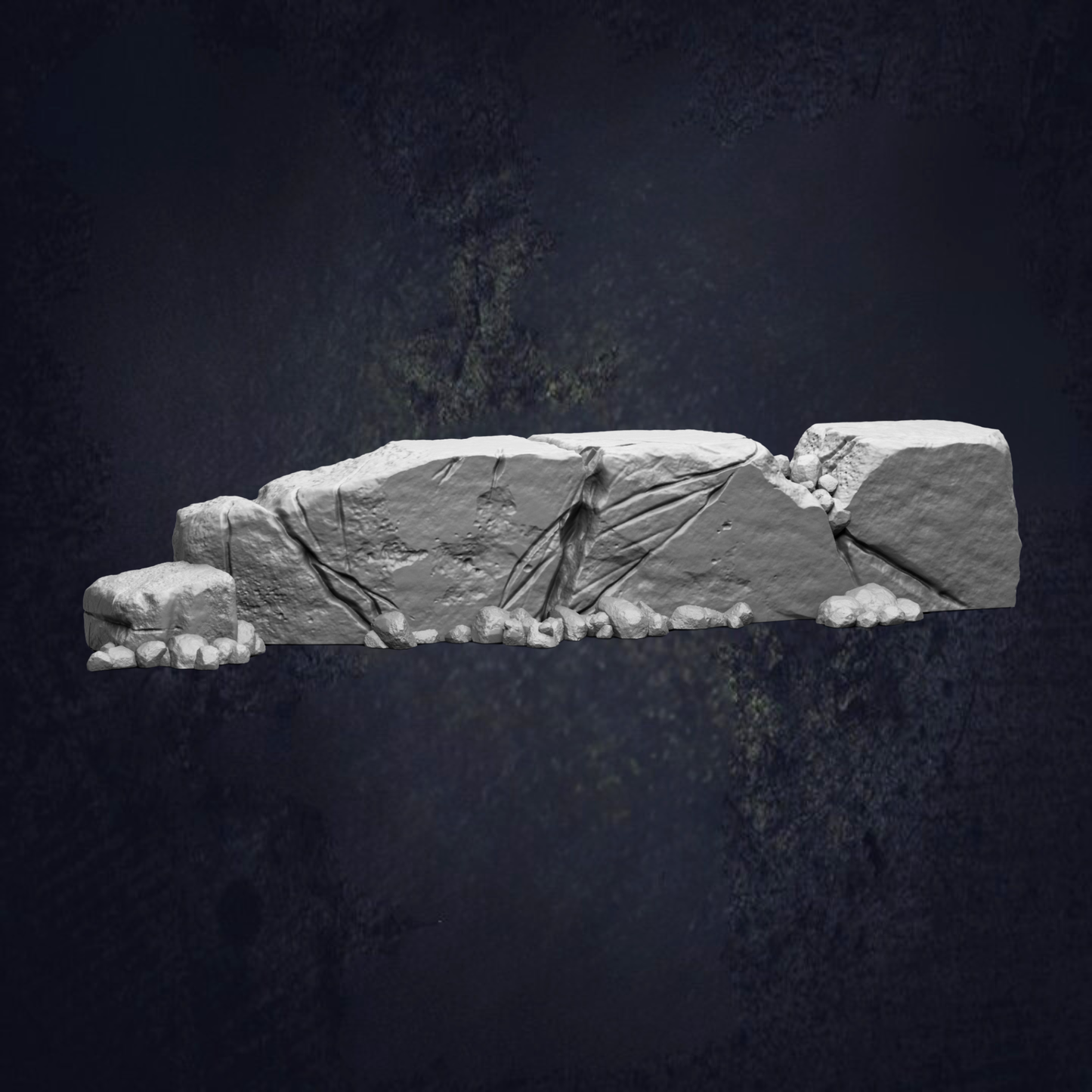 A large, jagged rock formation with a dark background.