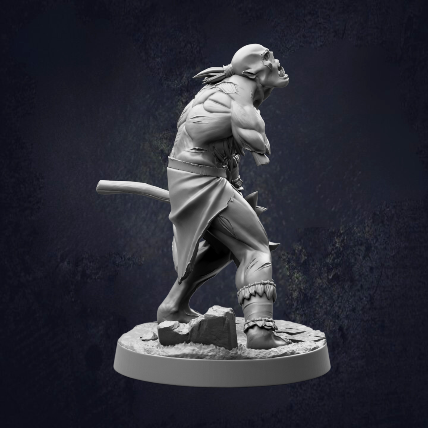 A 3D model of a muscular, battle-ready figure with a sword in hand, standing on a rocky base against a dark background.