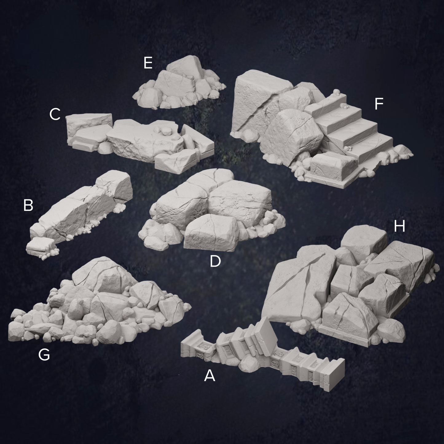 various rock formations and boulders, including a pile of rocks, a rocky cliff, and a set of stairs.
