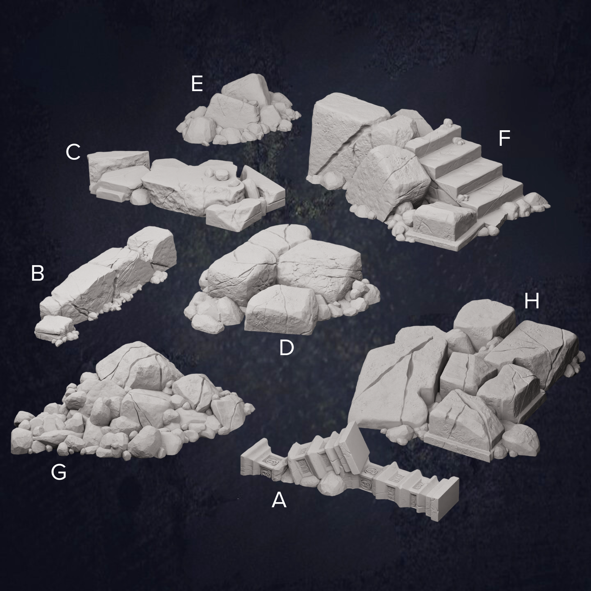 various rock formations and boulders, including a pile of rocks, a rocky cliff, and a set of stairs.