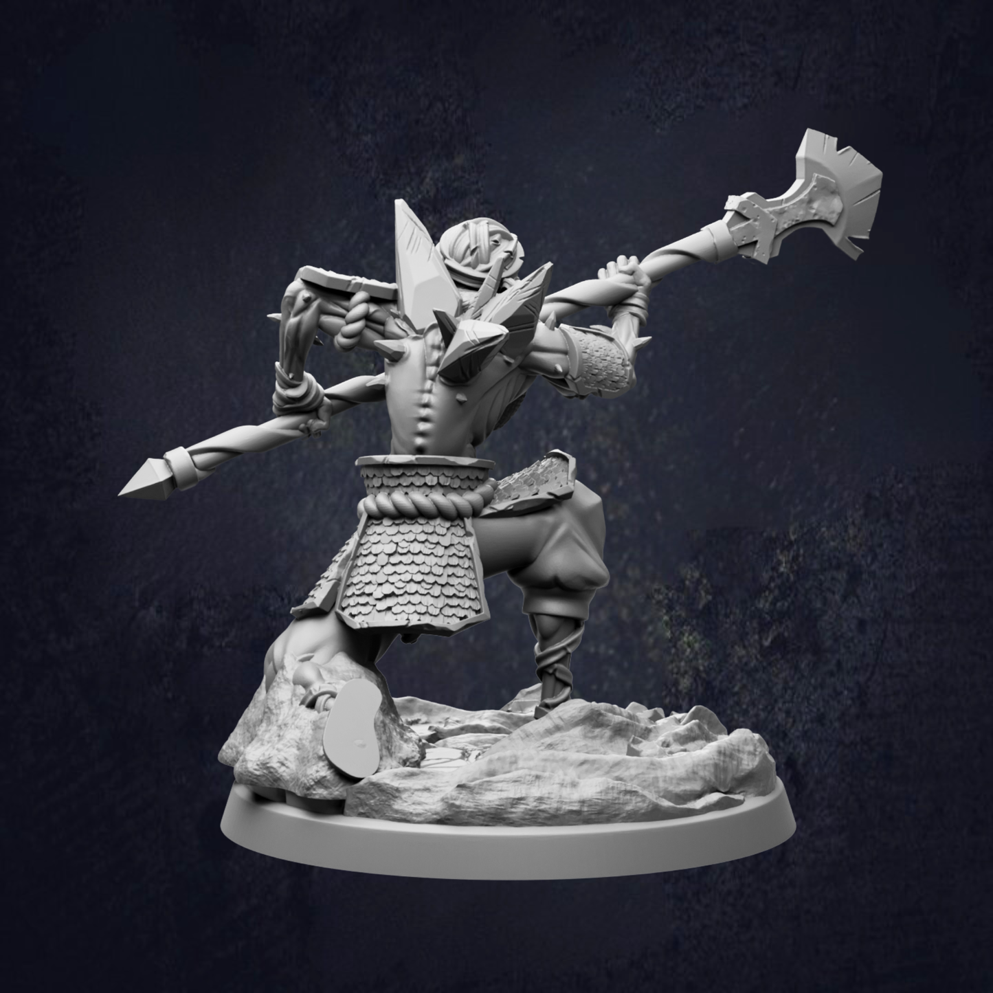 A detailed 3D model of a warrior figure wielding a large weapon, standing on a rocky base against a dark background.