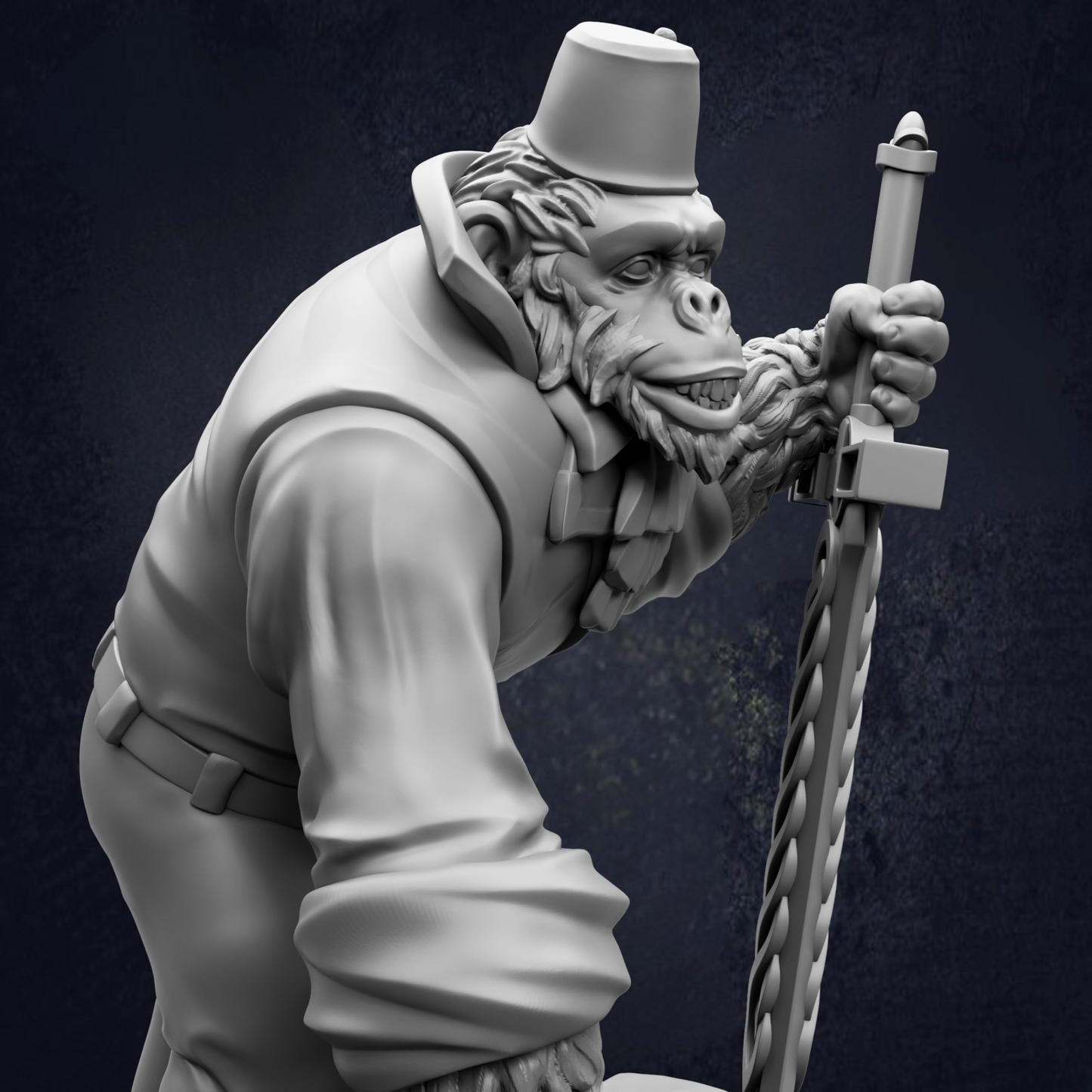 A detailed 3D rendering of a monkey-like creature holding a sword and wearing a hat.