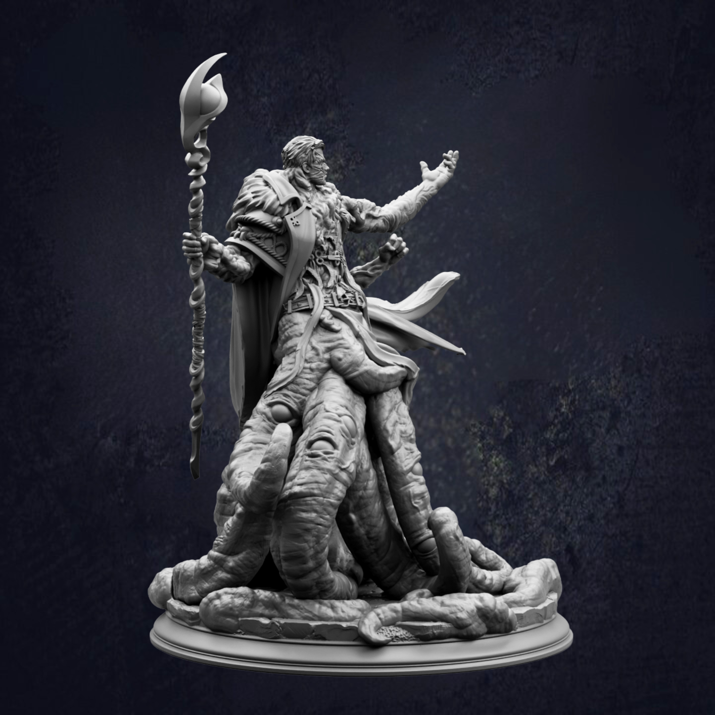 A detailed 3D model of a fantasy character, possibly a wizard or magical being, standing on a pedestal and holding a staff or staff-like object.