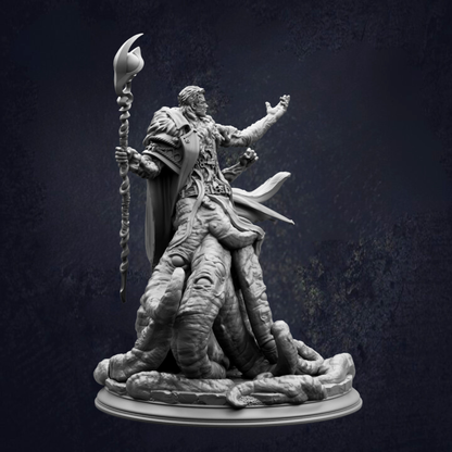 A detailed 3D model of a fantasy character, possibly a wizard or magical being, standing on a pedestal and holding a staff or staff-like object.
