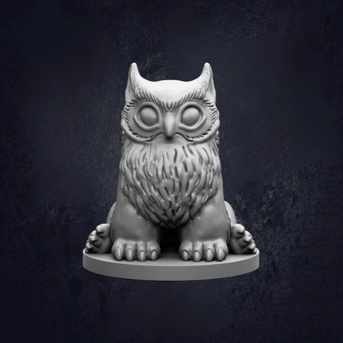 A 3D rendering of a stylized owl statue with large eyes and a long, furry neck.