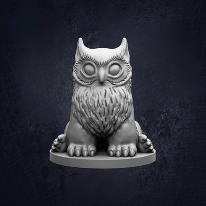 A 3D rendering of a stylized owl statue with large eyes and a long, furry neck.