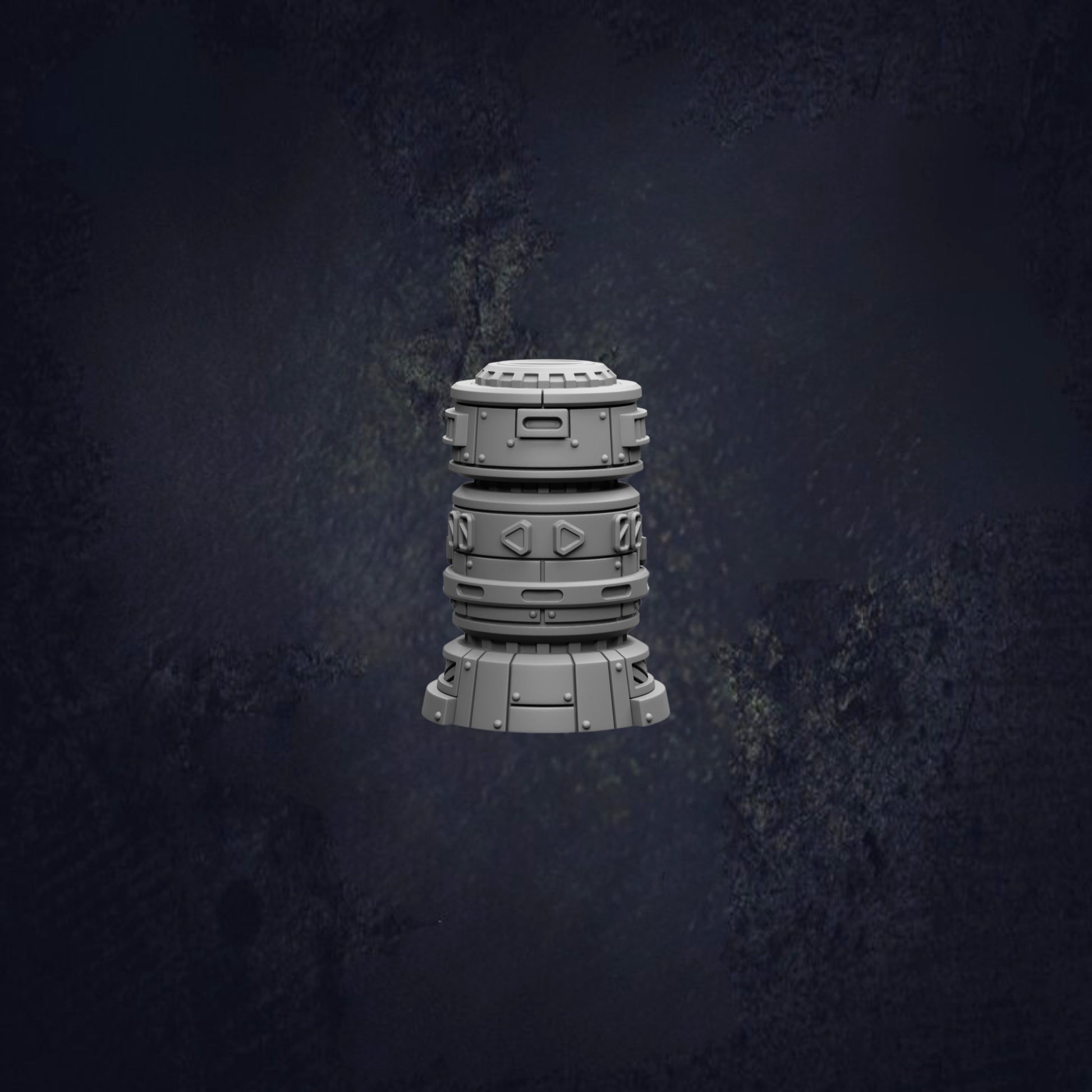 A 3D rendering of a cylindrical object with a metallic appearance, set against a dark, textured background.