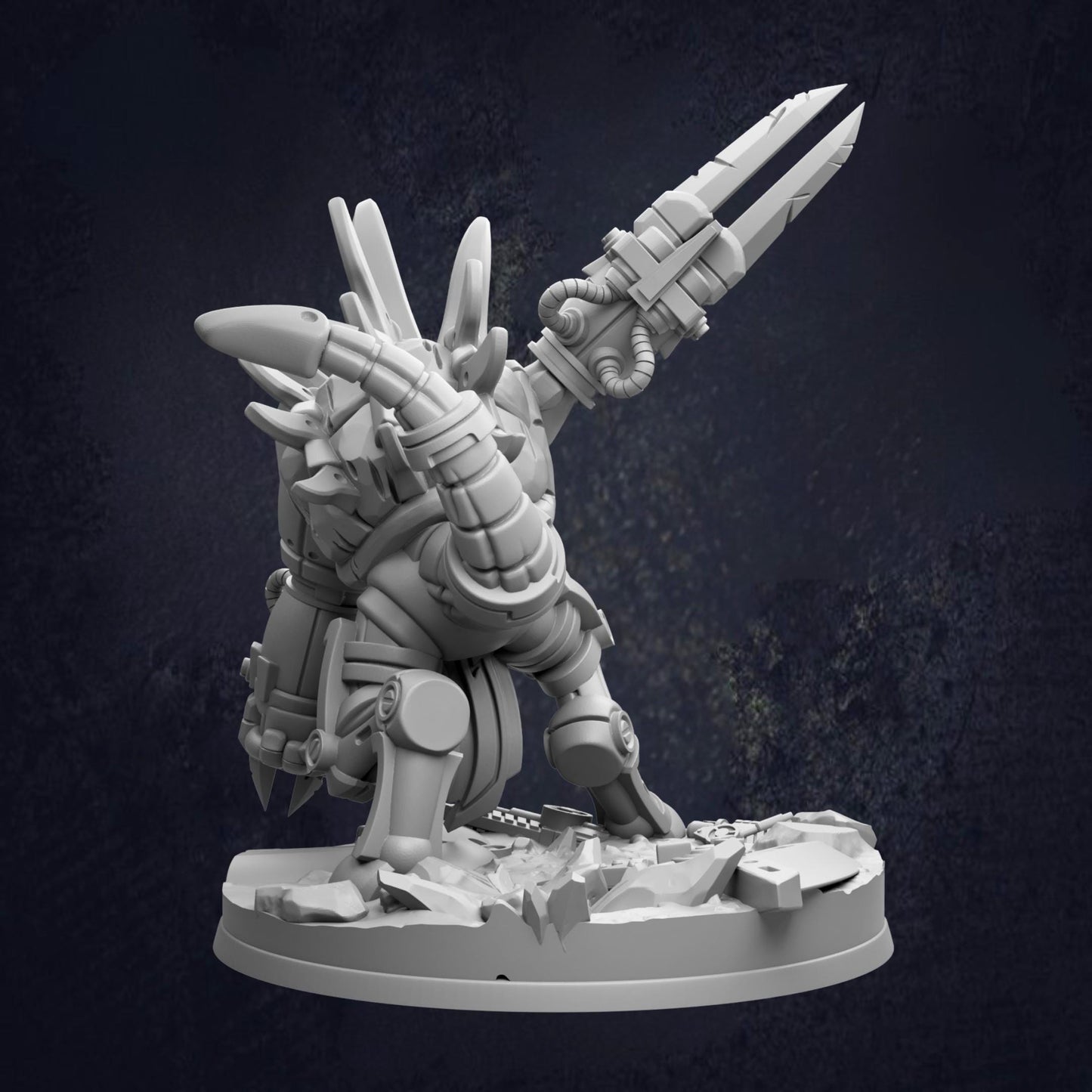 A 3D rendering of a futuristic, robotic character with a large, angular weapon in its hands, set against a dark background.