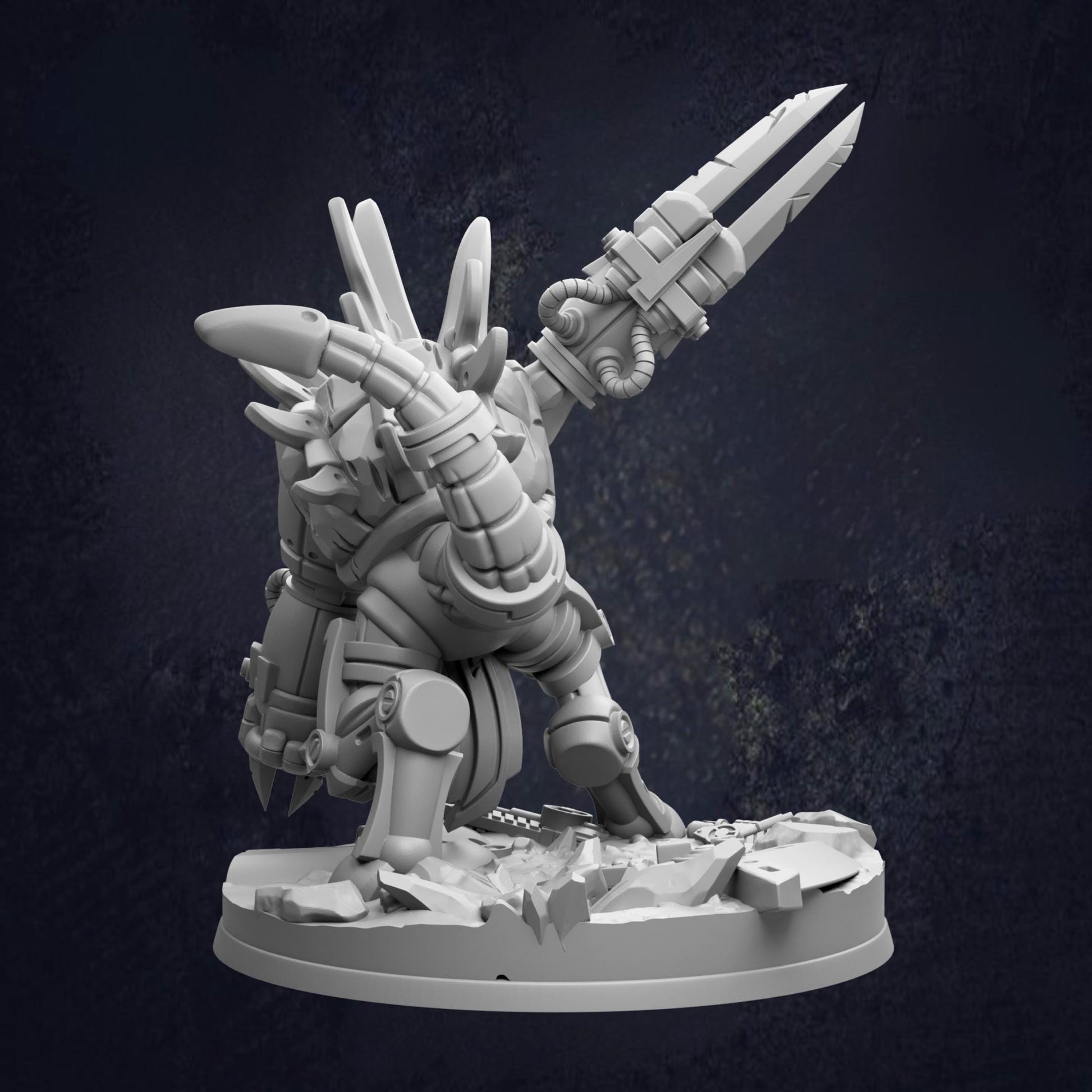 A 3D rendering of a futuristic, robotic character with a large, angular weapon in its hands, set against a dark background.