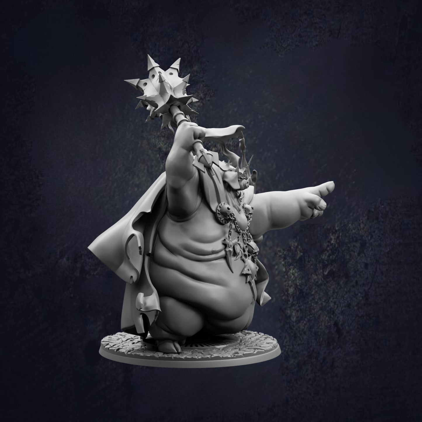 A 3D rendering of a fantastical, winged creature with sharp teeth and claws, standing on a platform and holding a large, ornate weapon.