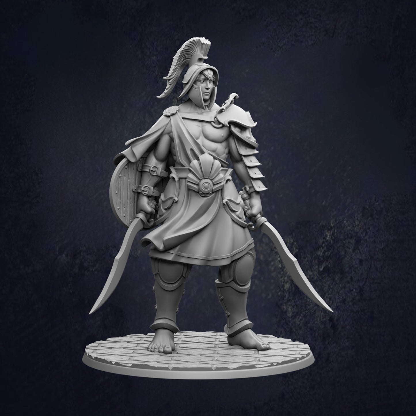 A detailed 3D model of a warrior figure, standing on a platform and holding two swords in their hands.