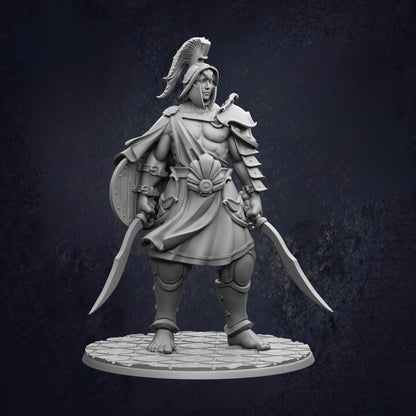 A detailed 3D model of a warrior figure, standing on a platform and holding two swords in their hands.
