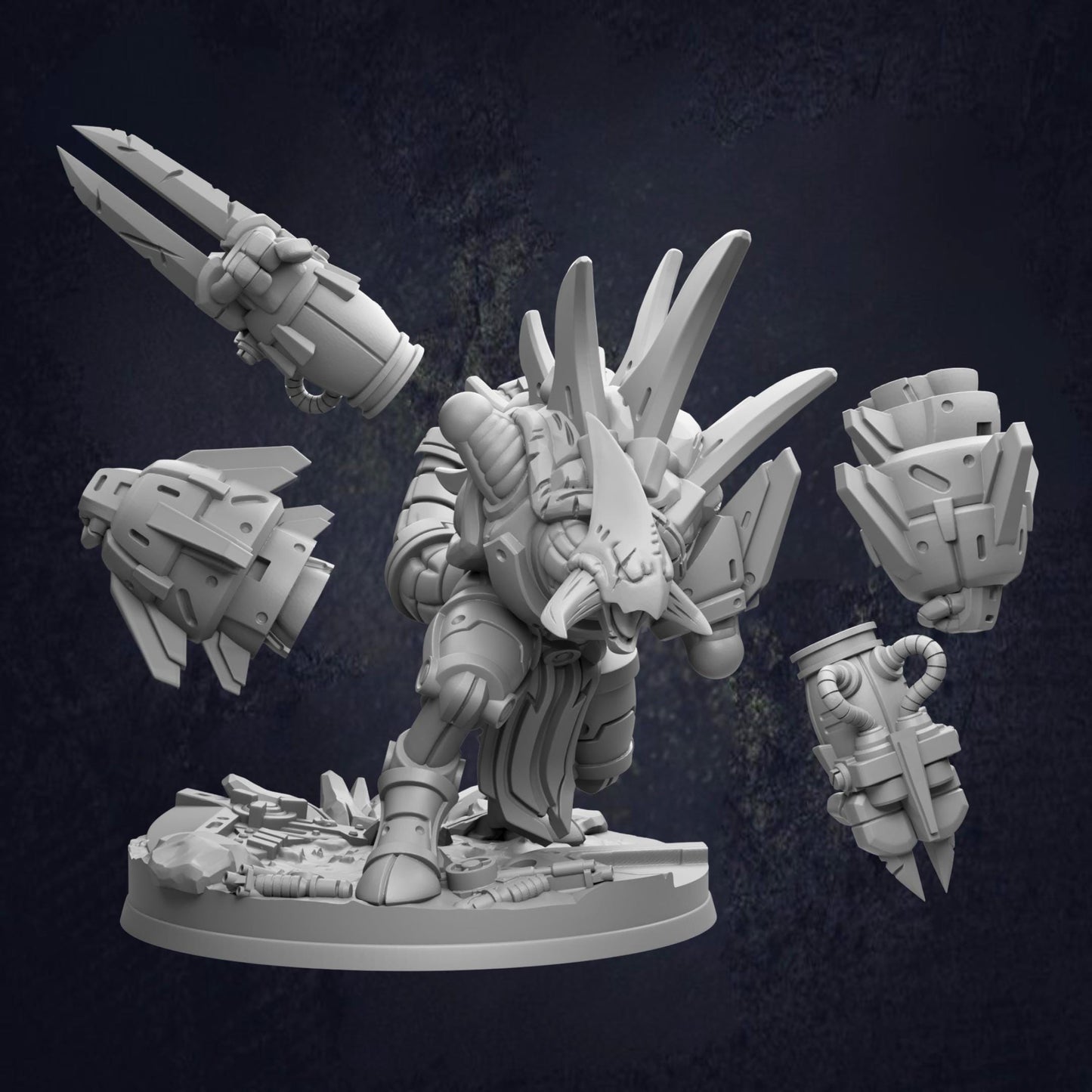 A 3D rendering of a futuristic, robotic character with multiple weapons and futuristic-looking armor pieces.