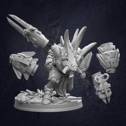 A 3D rendering of a futuristic, robotic character with multiple weapons and futuristic-looking armor pieces.
